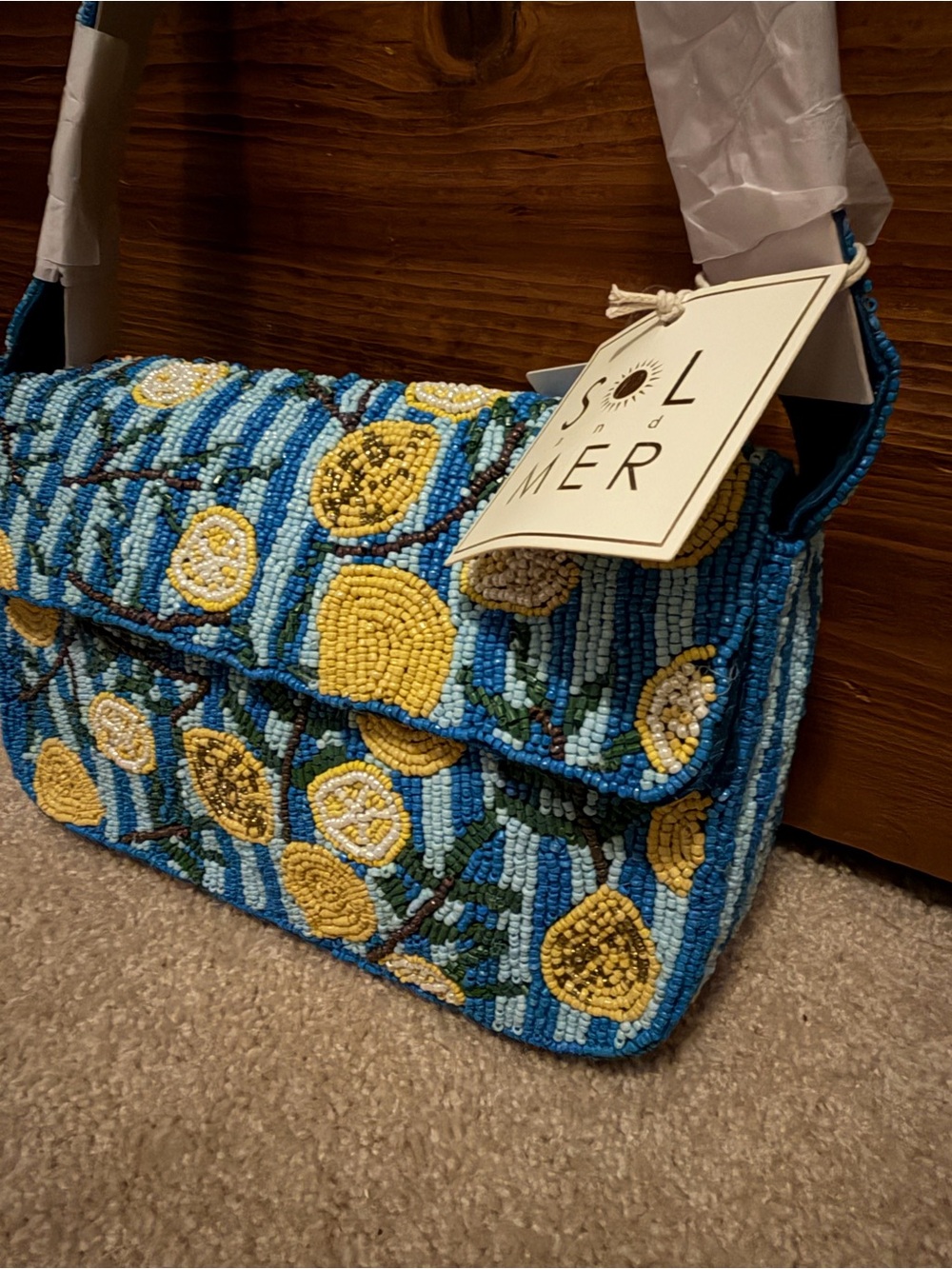 Blue Striped Lemon Beaded Shoulder Bag RARE - Picture 3 of 5
